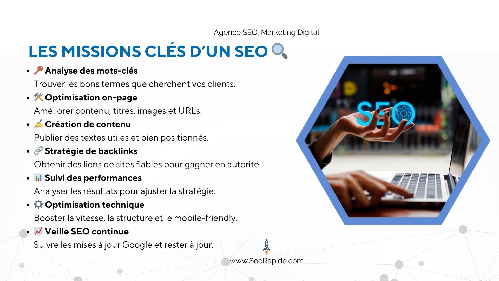 Découvrez les missions essentielles d’un expert SEO pour améliorer la visibilité de votre site sur Google, de l’analyse des mots-clés au suivi de performance.
