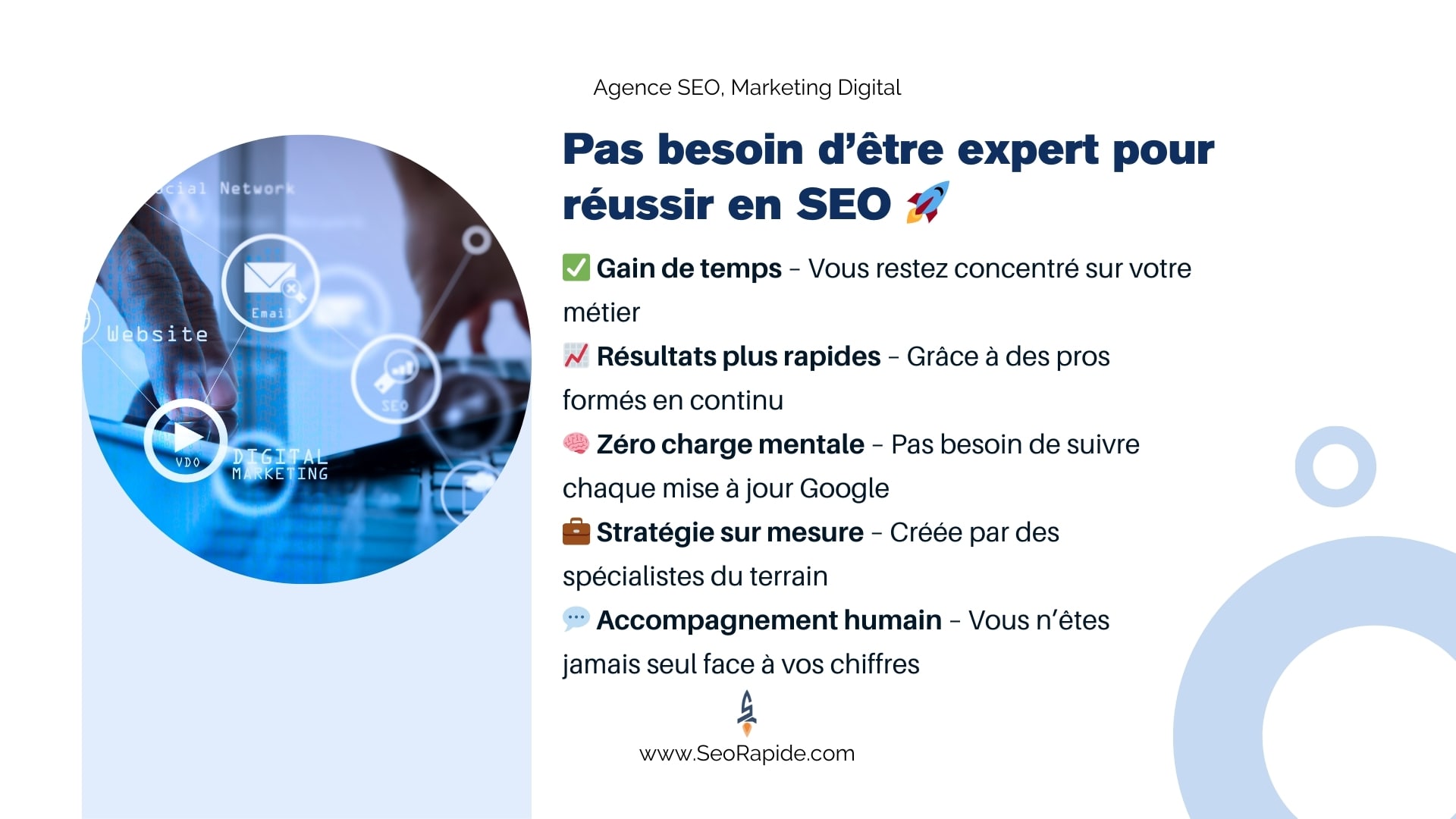 Vous pouvez réussir sur Google sans être expert SEO, simplement en déléguant à une agence compétente comme SeoRapide.